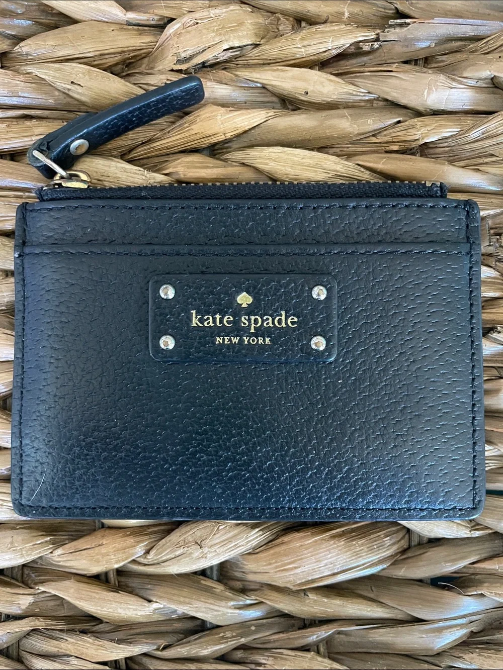 kate spade Black Leather Zip Card Holder with Gold Logo